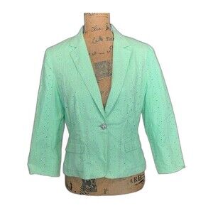 Tahari Blazer 10 Mint Green Eyelet Dot‎ Rhinestone Button 3/4 Sl Jacket Career